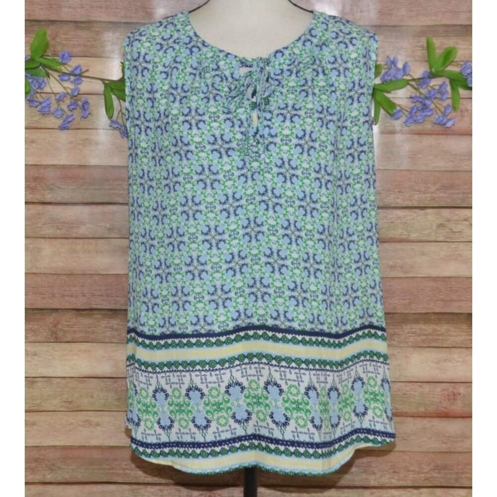 Zac & Rachel Plus Size 2X Sleeveless Blouse Blue Green Mixed Print Keyhole Tie N